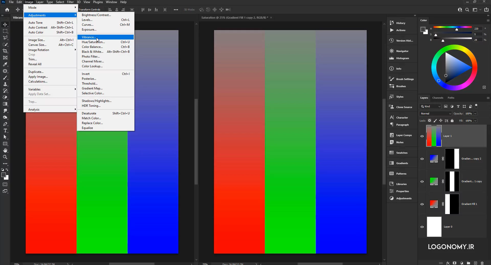 اصلاح رنگ و نور تصویر در برنامه فوتوشاپ با فرمان Vibrance و Saturation
